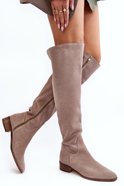 Women's Suede Over-the-Knee Flat Heel Boots Beige Hewanella