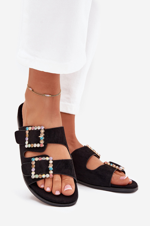 Slides With Buckles On Flat Heel Black Tovira