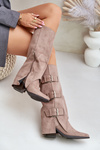 Knee High Heeled Boots With Folded Shaft And Buckles Beige Vamissa