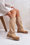 Women Suede Knee High Boots Beige Lewski 3615