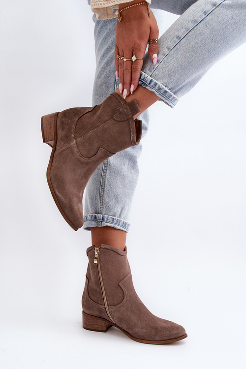 Zazoo 3329 Suede Cowboy Ankle Boots Low Heel Dark Beige
