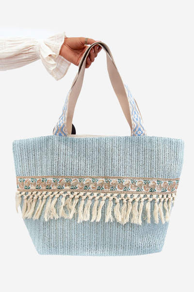 Woven Large Beach Bag with Tassels Blue Missalori