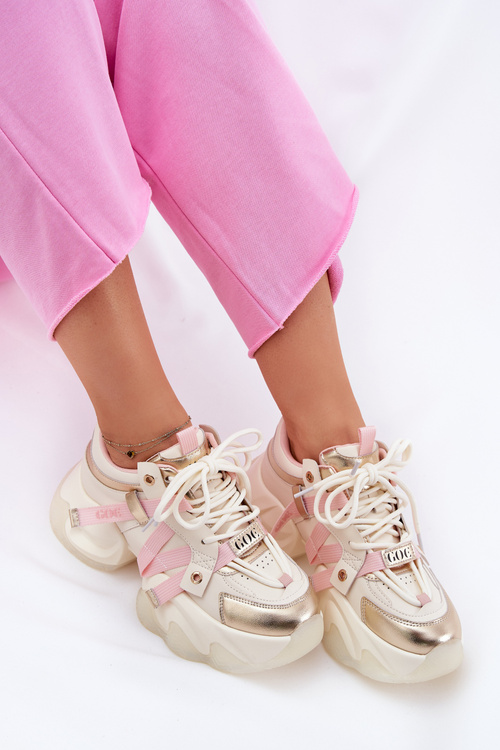 Women's Leather Sneakers On Chunky Sole GOE RR2N4031 Beige