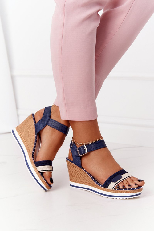 Wedge Sandals In Sailor Style Navy Blue Tropical