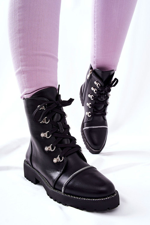 Klasyczne Skórzane Wiązane Botki Czarne Daiane