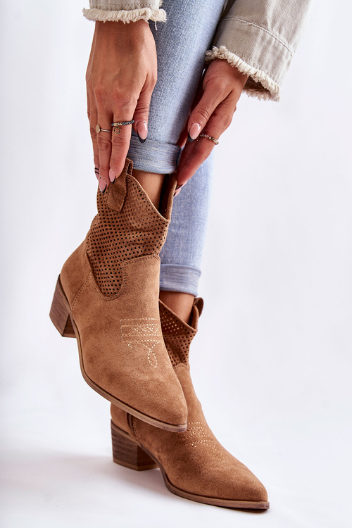 Suede Openwork Cowboy Boots With Stitching Camel Elvire