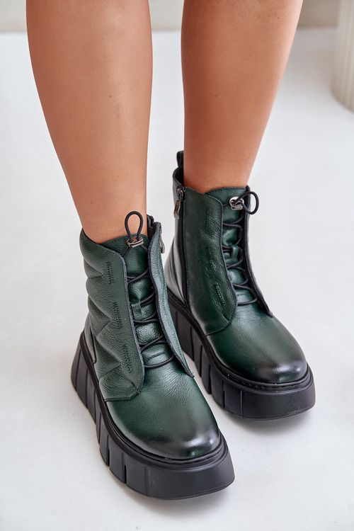 Zazoo 60472 Leather Ankle Boots On Platform And Wedge Dark Green