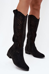 Openwork Women's Knee-High Block Heeled Boots Black Fioris
