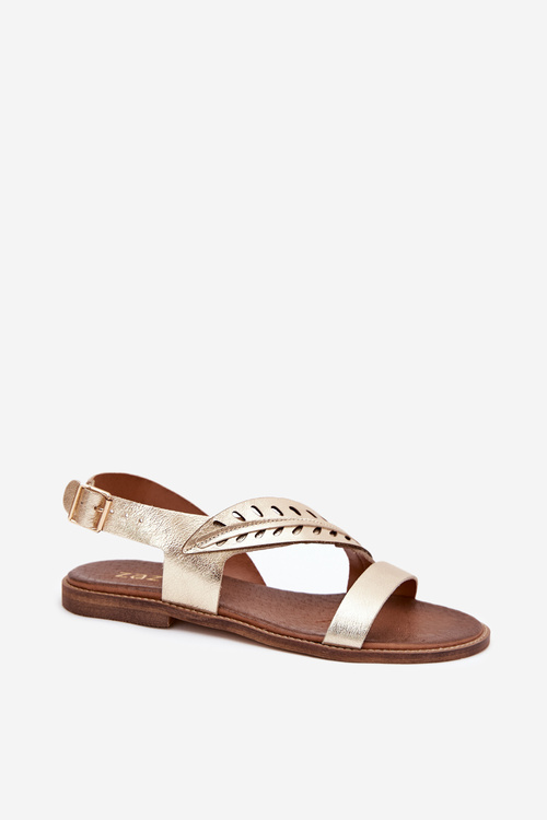 Ladies leather sandals on flat heel Zazoo 3688 gold