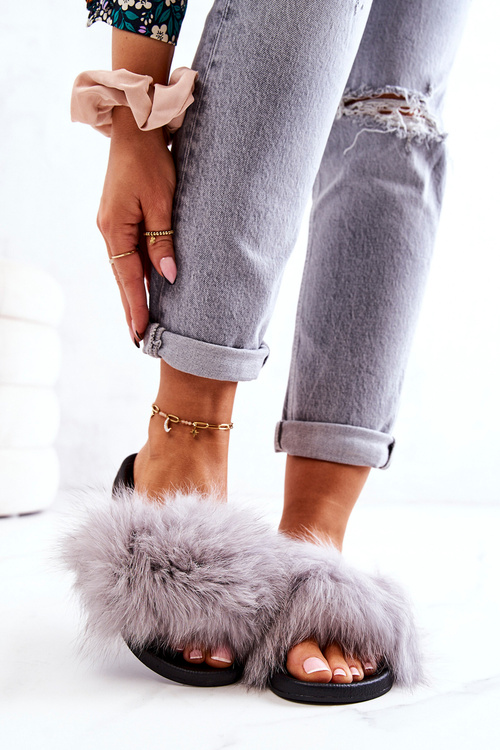 Slippers with Natural Fur Grey Naturimo