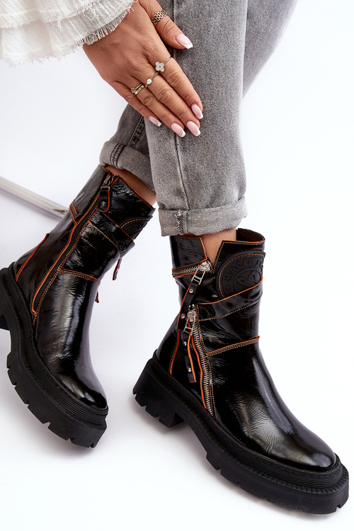 Women's Glossy Leather Boots With Zippers Maciejka 06238-18 Black