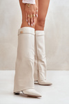 Damskie Kozaki Obcas Słupek Wywinięta Cholewka Eko Skóra Jasnobeżowe Avamora