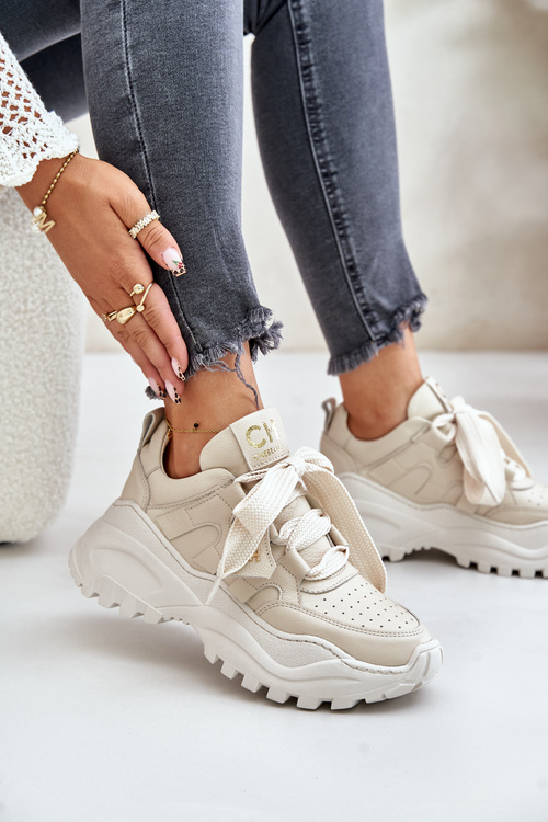 Skórzane Sneakersy Damskie CheBello 4583 Beżowe