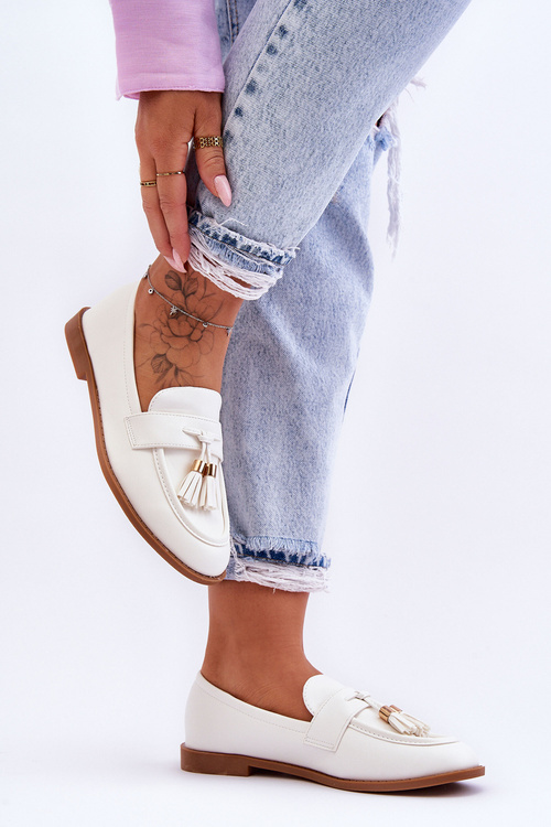 Classic Fringed Leather Loafers White Camis