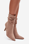 Women's Heeled Ankle Boots With Wrinkled Shaft Eco Suede Zip Beige Ulisse