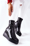 Botki Damskie Na Koturnie Lakierowane Czarne Therapie