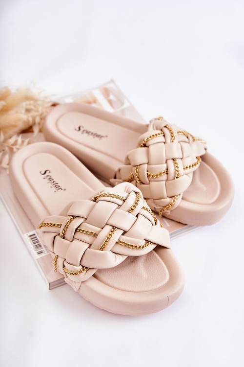 Women's Leather Slippers With A Chain Beige Soline