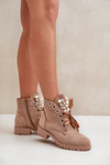 Suede Warm Ankle Boots With Pearls And Ribbon Beige Perla