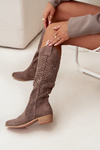 Openwork Women's Knee-High Block Heeled Boots Dark Beige Fioris