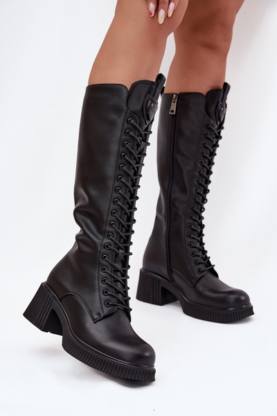 Leather Lace-up Platform Boots Insulated Vinceza 66804 Black