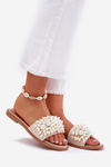 Klapki Damskie Płaskie Ozdobne Koraliki Beżowe Aricca