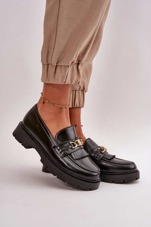 Eco Leather Women's Moccasins with Gold Decoration Black Zanita