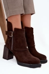Ankle boots made of natural suede on a block heel with a buckle Vinceza 91152 chocolate