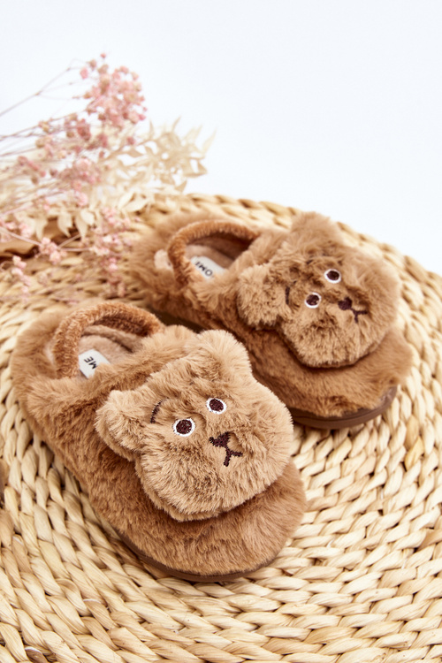 Kapcie Futrzane Dziecięce Z Misiem Brązowe MP8626