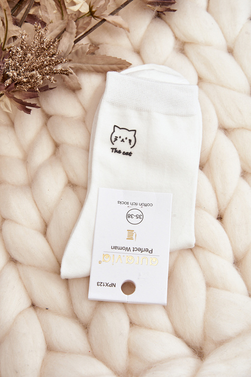 Women's Plain Socks with Cat White