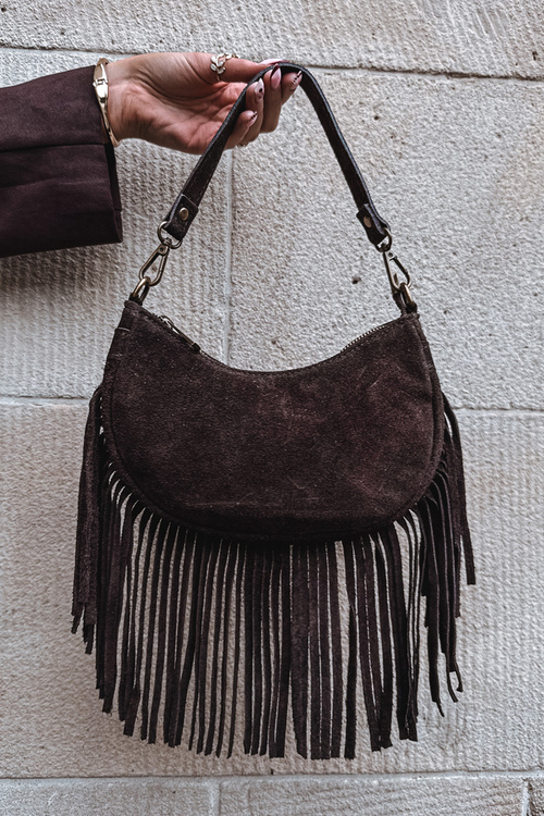Leather Suede Bag with Fringes Chocolate Aurelisse