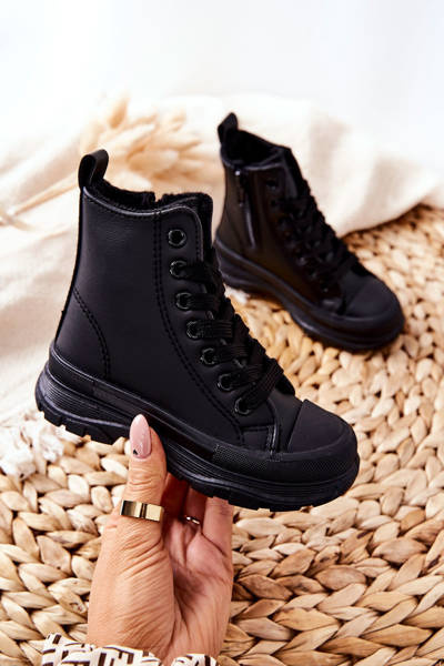 Children's Leather Insulated Sneakers Black Bomi