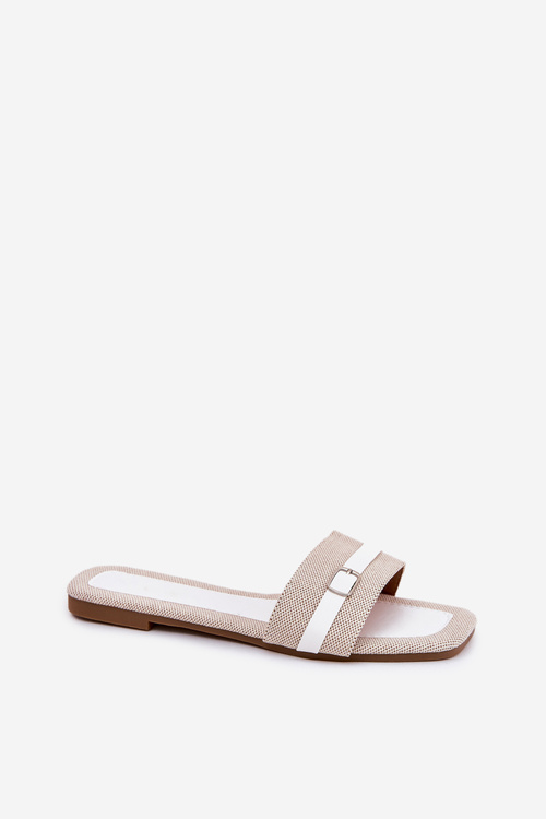 Flat Ladies Slippers With Strap And Buckle Beige-White Zilina