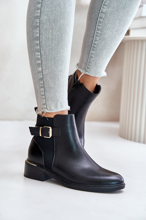 Women's Ankle Boots on Low Heels Insulated with Golden Buckle Black Inomira
