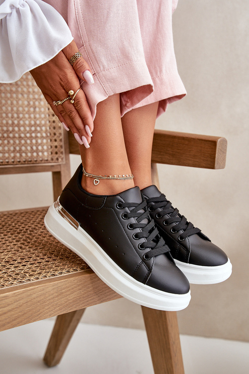 Trampki Damskie Niskie Na Platformie Eko Skórzane Czarne Nevelena