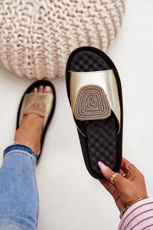 Damskie Klapki Skóra Naturalna Złote KV51-028