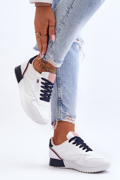 Buty Sportowe Skóra Sznurowane Platforma Biało-Granatowe Merida BK939