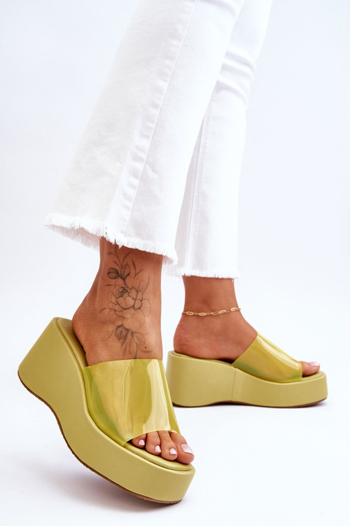 Klapki Damskie Transparentne Koturn Jasnozielone Eliane