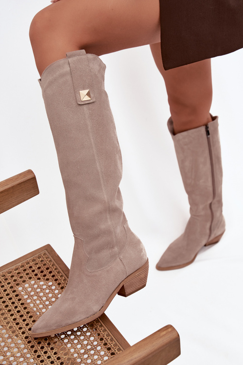 Damskie Kozaki Kowbojki Z Naturalnego Zamszu Ocieplane Cappuccino Zazoo 4224