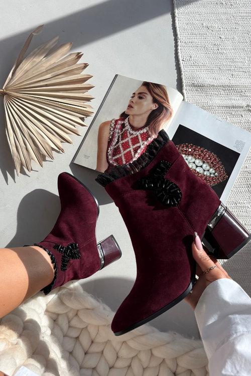 Suede Leather Women's Ankle Boots On Heel With Decoration Insulated D&A MR52-127 Bordeaux