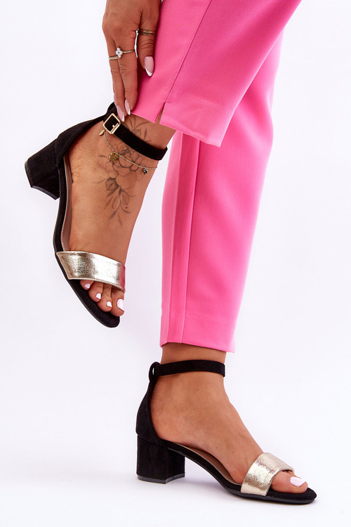 Comfortable And Gold Low Heel Sandals Black Layna