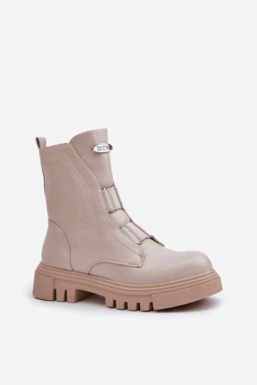 Fleece Lined Women's Worker Boots with Zip Eco Leather Light Beige Mailyra