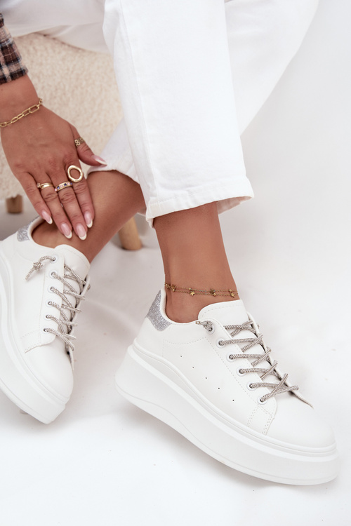Women's Sneakers on Platform with Decorative Lacing and Glitter White Belmira