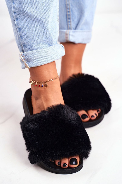 Rubber Slippers With Eco Fur Black Sensitive