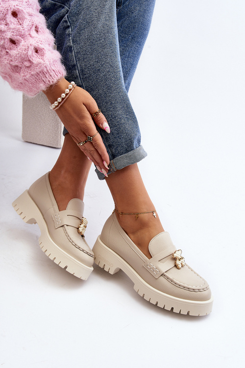 Półbuty Mokasyny Skórzane Damskie Z Misiem Jasnobeżowe CheBello 4291