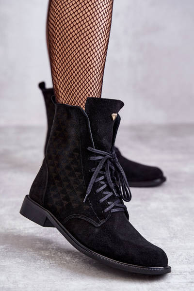 Botki Sznurowane Zamsz Czarne Nicole 2751