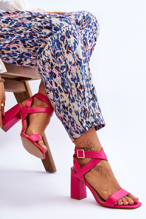 Sandały Eleganckie Skórzane Obcas Słupek Fuksja Michele