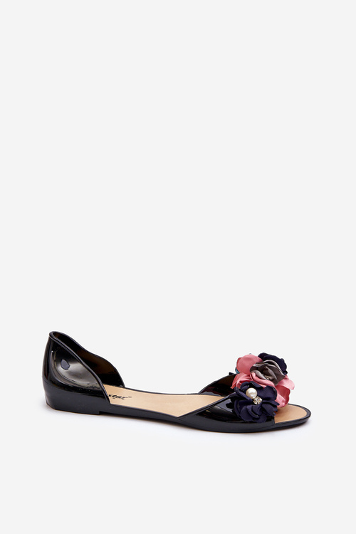 Baleriny Damskie Gumowe Kwiaty Czarne Junikla CK298