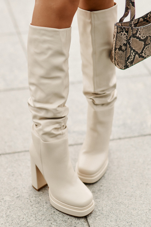 Slip-on ankle boots on a heel and platform with gathering warm light beige Beridra