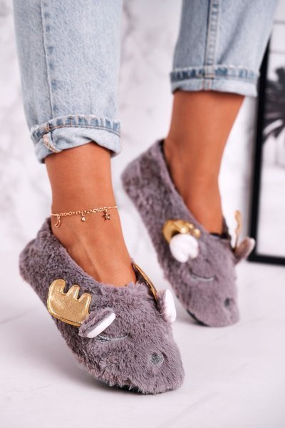 Christmas Insulated Furry Slippers Grey Jingle Bells