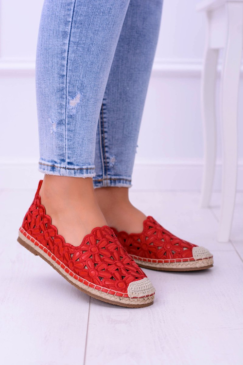 Lu Boo Damskie Baleriny Czerwone Espadryle w Kwiaty Macarena